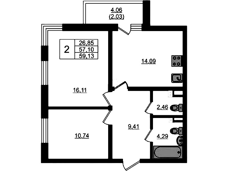 2-комнатная квартира 59.13 м², 2/4 эт., ЖК «Новая история»